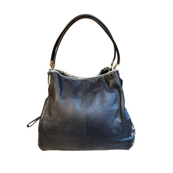 Coach Black Leather Tote Shoulder Bag F1393 Python Snake Print Trim Medium - Picture 2 of 15